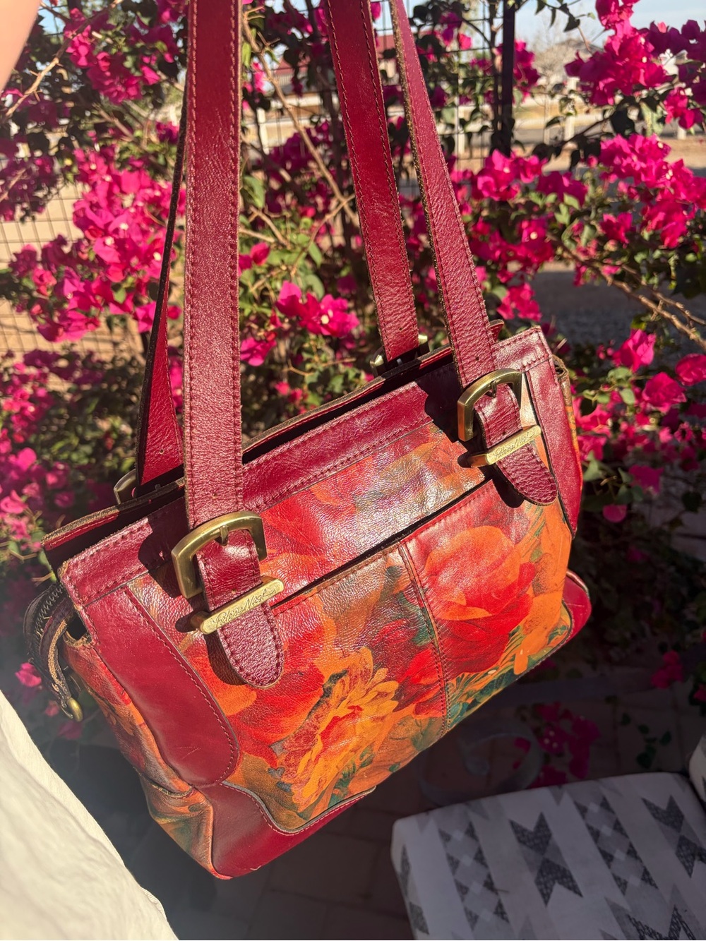 Red Floral Leather Shoulder Bag - Women's Handbag